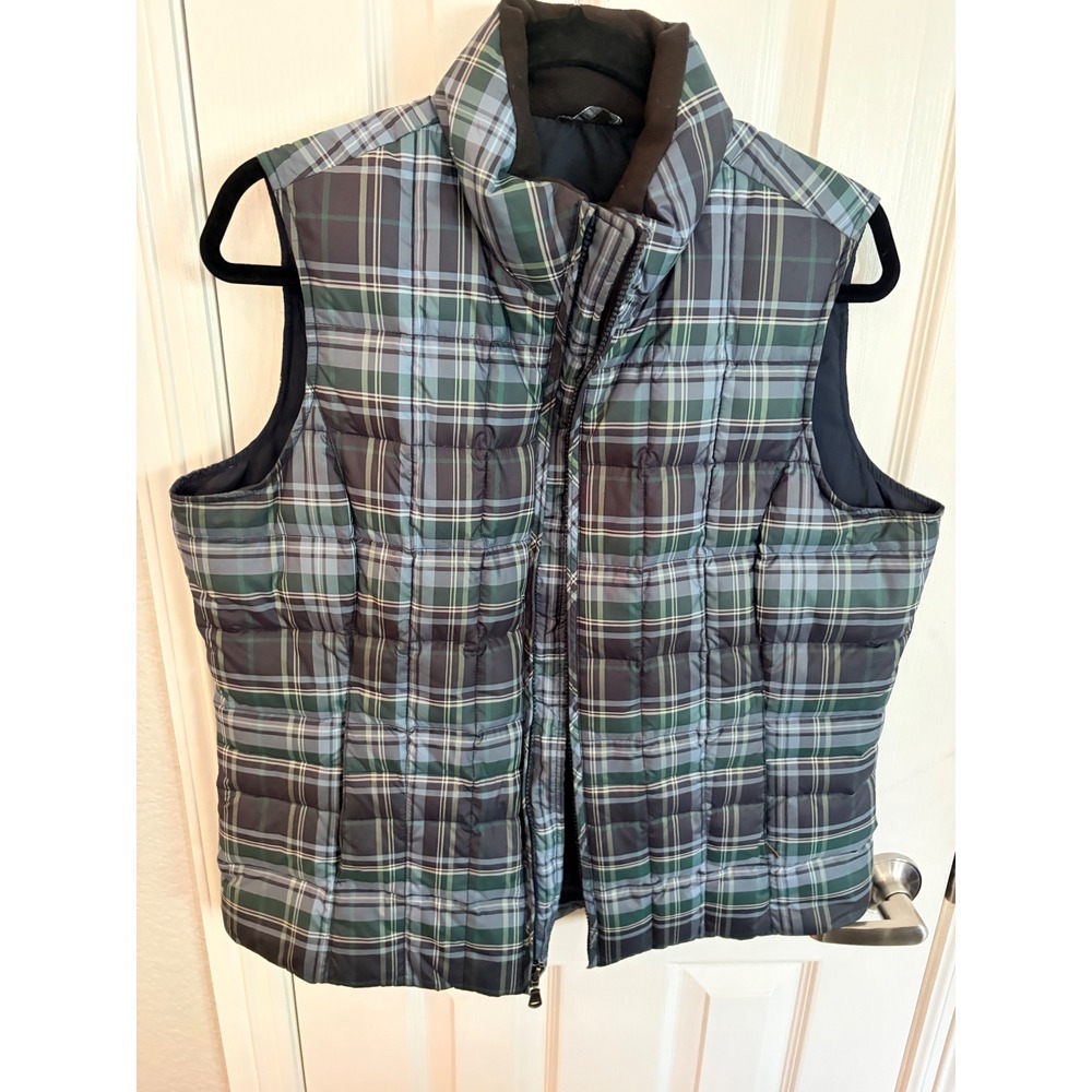 Eddie Bauer Puffer Vest Green Blue Plaid Premium Goose Down Quilted Gilet L